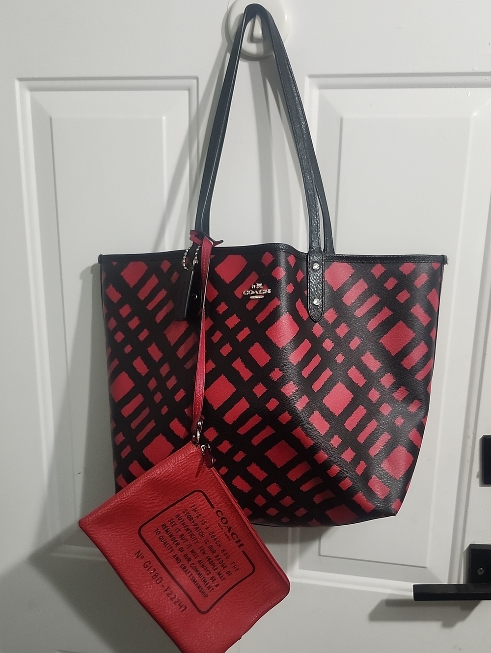 Coach Red and Black Plaid Tote with Matching Red Wristlet